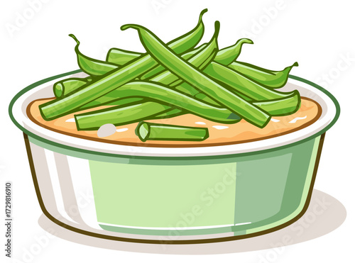 Vibrant cartoon green bean casserole illustration with creamy sauce in a light green bowl