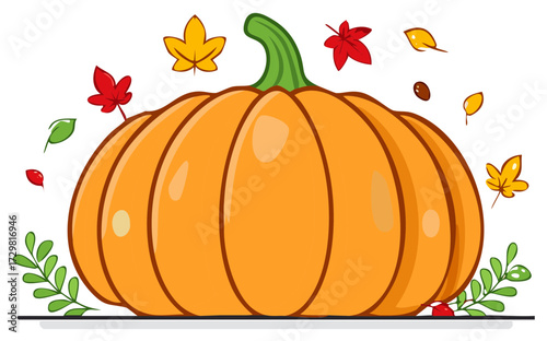 Cartoon Illustration of Pumpkin with Autumn Leaves, Representing Fall Season and Thanksgiving