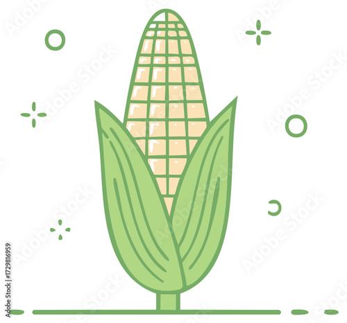 Simple illustration of a stylized corn cob with green husks and a cream colored kernel grid