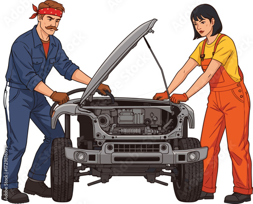 Male and Female Mechanics Repairing Car Engine – Auto Repair Teamwork Illustration for Vehicle Maintenance, Workshop, and Automotive Industry Concept