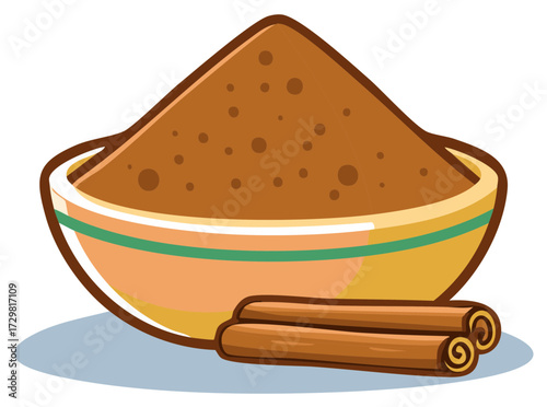 Illustration of a bowl filled with cinnamon powder and several cinnamon sticks.