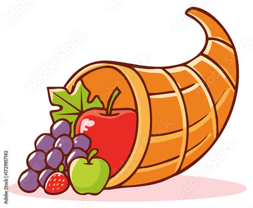 Cartoon cornucopia horn of plenty illustration filled with autumn harvest fruits