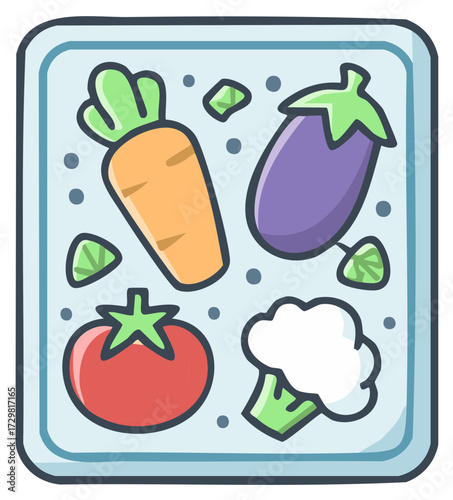 Colorful cartoon illustration of healthy vegetables arrangement