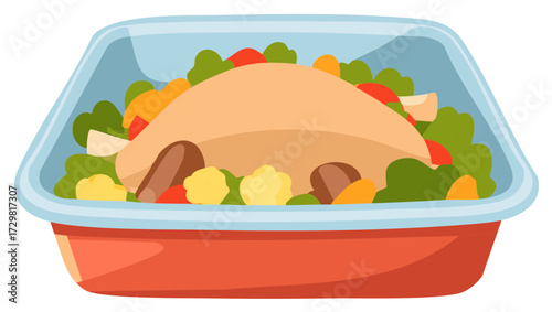 Festive roasted turkey or chicken with vegetables in a baking dish for a holiday dinner illustration