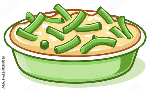 Cartoon illustration of a classic green bean casserole a traditional holiday side dish