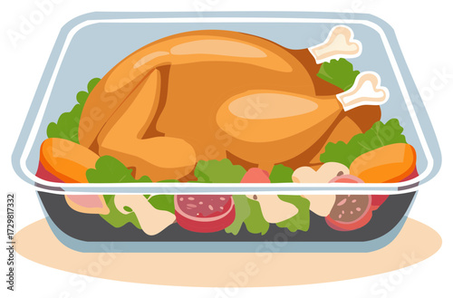 Illustration of Prepared Roast Chicken Dinner Platter with Garnishes Served