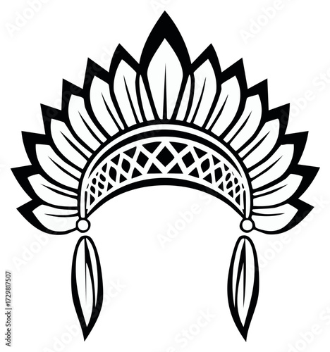 Stylized feathered headdress with tribal patterns black and white vector illustration