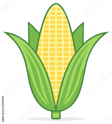 Fresh sweet corn cob with green leaves, a simple healthy vegetable icon illustration