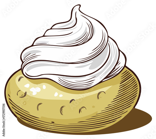 Baked potato with a large dollop of sour cream in a vintage hand drawn illustration style