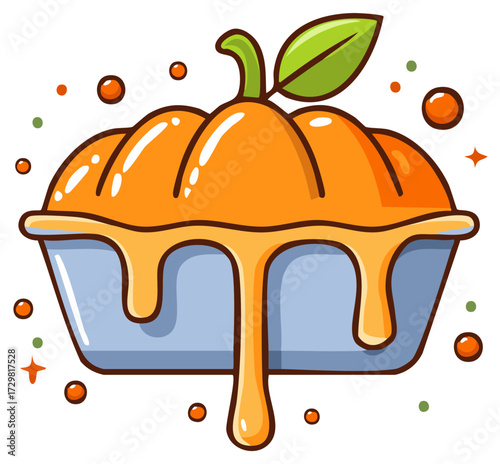 Cute cartoon illustration of a pumpkin pie dessert with dripping glaze for autumn holidays