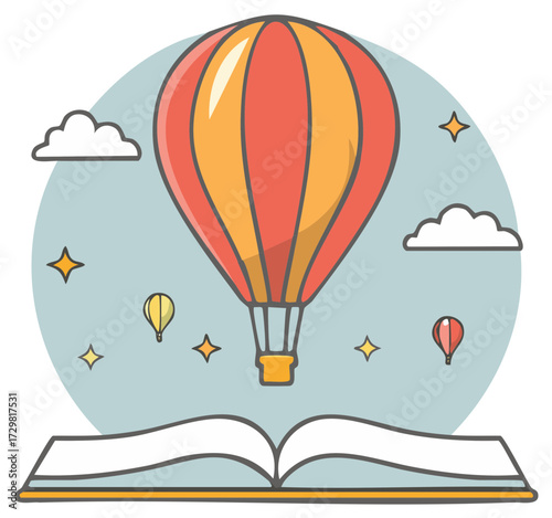 Open Book with Hot Air Balloons Cloud Stars in the Sky Illustration Concept