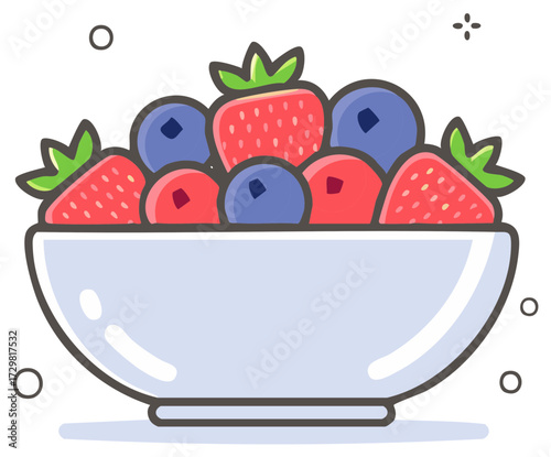 Bowl of Fresh Berries Illustration Featuring Strawberries and Blueberries