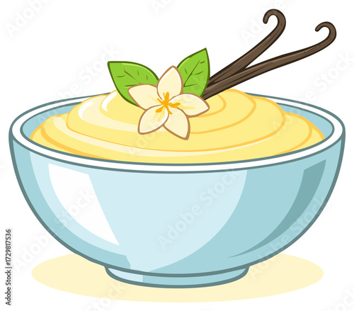 Creamy vanilla pudding in blue ceramic bowl with decorative flower and vanilla beans for flavoring