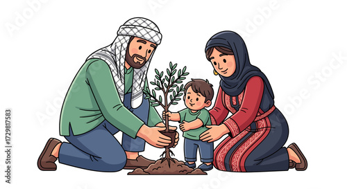United family planting a young tree together, nurturing growth and fostering a sustainable future