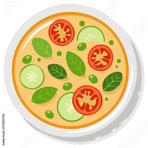 Colorful illustration of soup with tomato, cucumber, and basil
