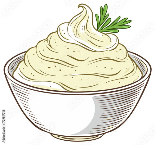 Creamy mayonnaise sauce swirl in a bowl with fresh rosemary herb garnish, hand-drawn illustration