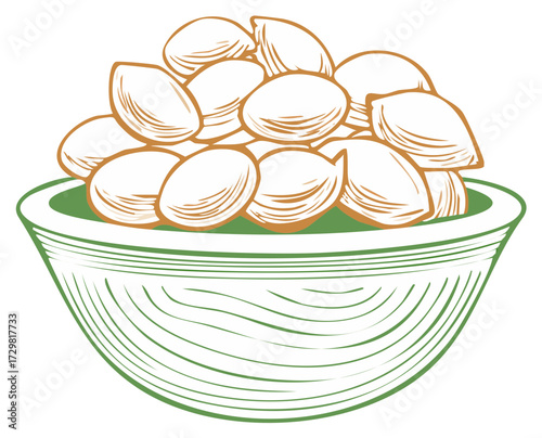 Hand drawn bowl full of apricot kernels vintage line art illustration