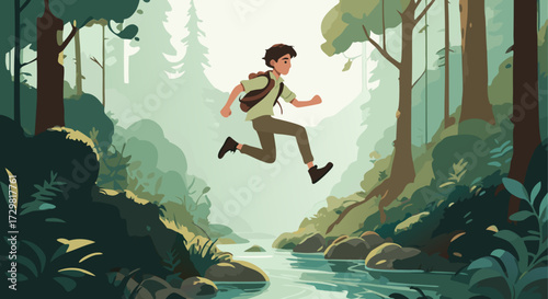 A young adventurer leaps across a clear stream surrounded by a lush, vibrant forest, embodying the spirit of exploration and the beauty of nature's embrace