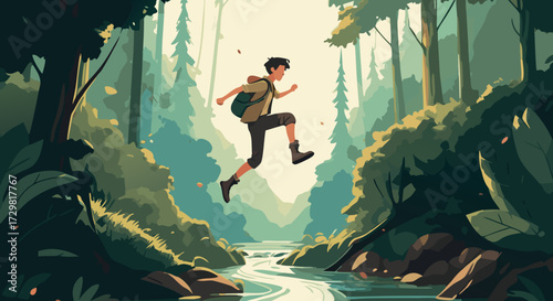 Adventure Awaits A Young Person Leaps Joyfully Across a Stream in a Lush, Sun-Dappled Forest, Embracing the Spirit of Exploration and Outdoor Activity