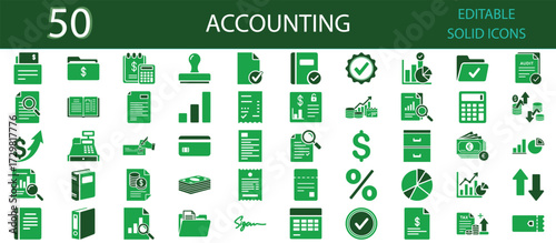 Accounting solid icons set. Finance, tax, audit, money, calculator, report, receipt, budget, payment, cash flow and bookkeeping symbols. Editable vector design, business and financial elements.