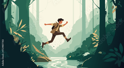 A young adventurer leaps across a stream in a lush, vibrant forest, embodying the spirit of exploration and the thrill of discovery in nature's embrace