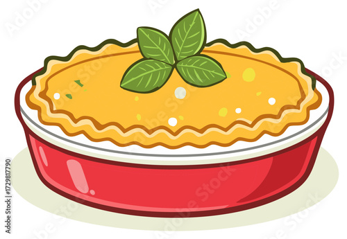 Cartoon illustration of casserole dish with basil