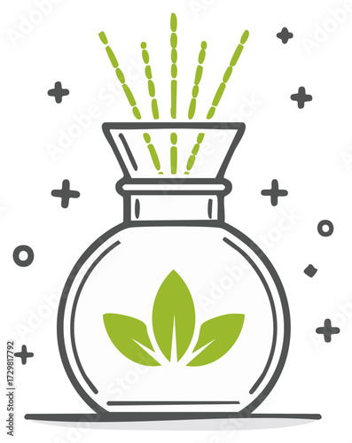 Aromatic reed diffuser with a natural leaf logo for home fragrance. Spa and wellness line art vector icon.