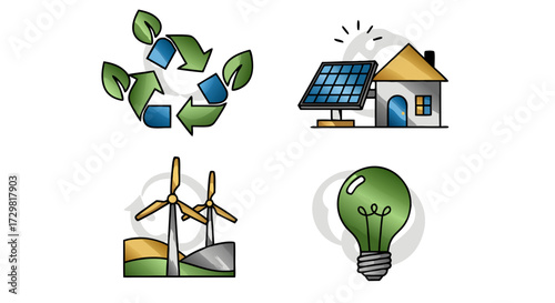 Eco-friendly concepts illustration recycling, solar energy, wind power, and a light bulb symbolizing sustainability and renewable resources for a greener future