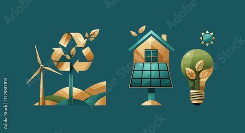 Eco-friendly renewable energy concept with wind turbine, solar panels on house, and light bulb with leaves, symbolizing sustainability and green living