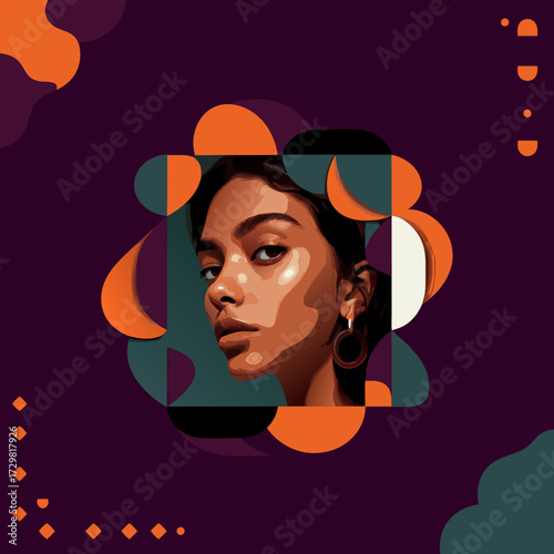 Vibrant Abstract Portraiture A Stylized Depiction of a Young Woman's Face Amidst Geometric Shapes and Bold Colors
