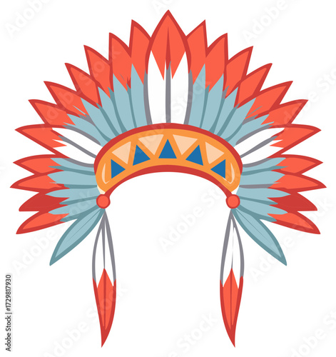 Native American Headdress with Feathers and Geometric Pattern