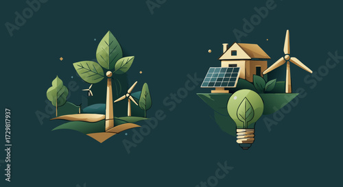 Sustainable energy concepts illustrated Wind turbines and solar panels powering homes and landscapes, representing eco-friendly innovation and green living