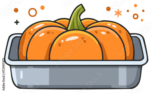Cute cartoon pumpkin in a baking dish ready for cooking autumn holiday meal illustration