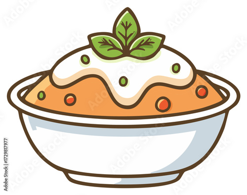 Colorful Soup Bowl Garnished with Cream and Fresh Basil Leaves, Cartoon Illustration