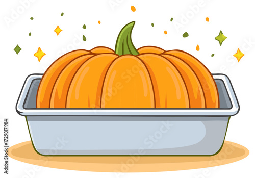 Large orange pumpkin sits in a baking pan with celebratory sparkles