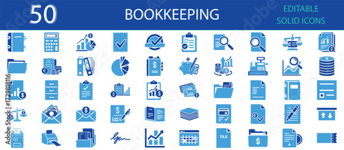 Bookkeeping solid icons set. Finance, accounting, tax, ledger, receipts, invoices, cash flow, records, calculator, payment and money management symbols. Editable vector design, business and financial 
