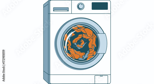 Front-loading washing machine with swirling orange laundry vector illustration