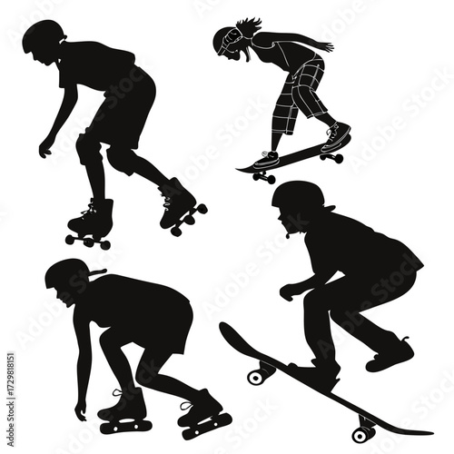 Silhouettes of skateboarders and roller skaters in dynamic action poses on a white background representing extreme sports and urban lifestyle