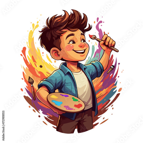 Young Artist with a Paintbrush and Palette, Creating a Colorful Explosion of Art and Imagination, Inspiring Creativity and Joy in Children