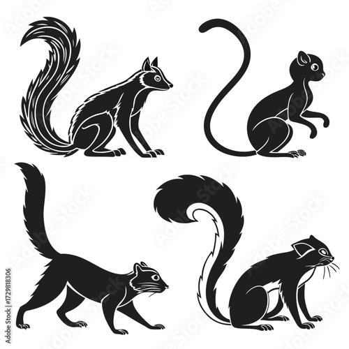 Collection of stylized black silhouette illustrations of various wild animals with bushy tails and distinctive features on a white background