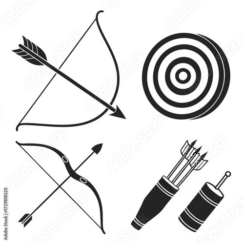 Collection of black silhouette archery equipment including bows arrows quiver and target on a white background