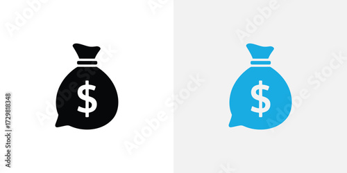 Illustration of Black and Blue Moneybag Icon with Dollar Sign on Neutral Background