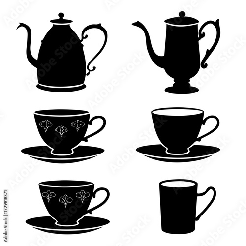 Collection of black silhouette teapots coffee pots and cups with saucers and a mug on a white background