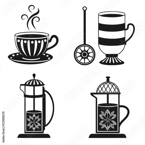 Collection of stylized black and white icons representing hot beverages and brewing equipment including a steaming coffee cup a striped glass mug and two french presses with decorative elements