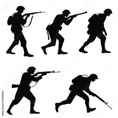 Silhouette of soldiers in combat poses holding rifles and wearing helmets and backpacks isolated on a white background