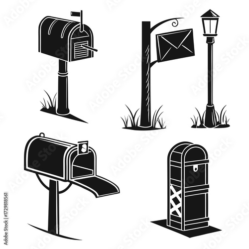 Collection of black silhouette illustrations of various mailboxes and a lamppost on a white background with grass elements