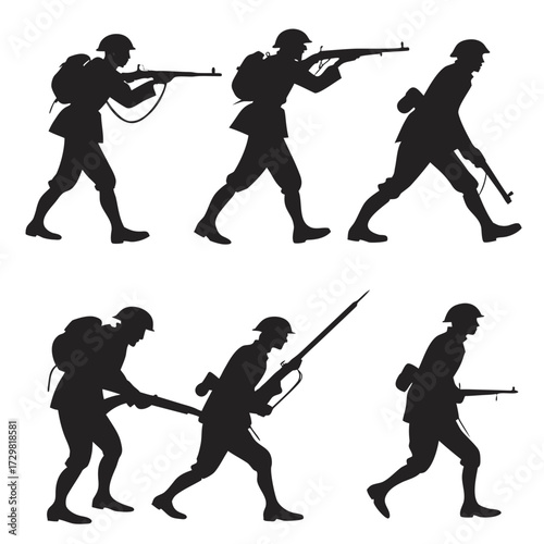 Silhouette of soldiers in uniform with rifles and backpacks marching and advancing in different poses on a white background