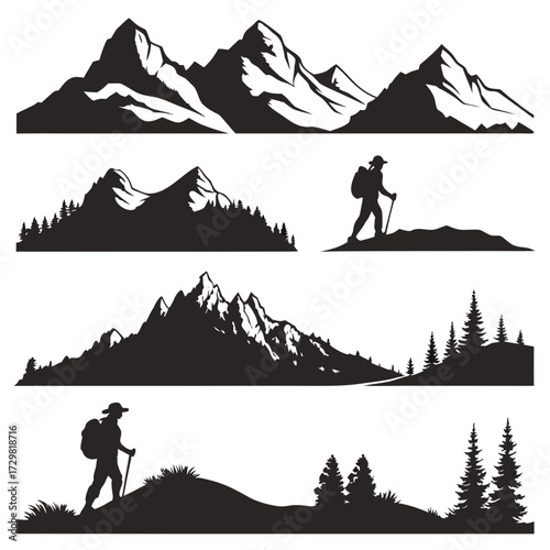 Collection of stylized black and white mountain silhouettes with hikers and pine trees for adventure and outdoor themes