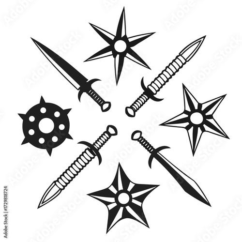 Collection of medieval weapons including swords shuriken and a mace arranged in a circular pattern on a white background