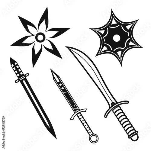 Collection of stylized black and white weapon icons including swords shuriken and a mace for graphic design and illustration projects